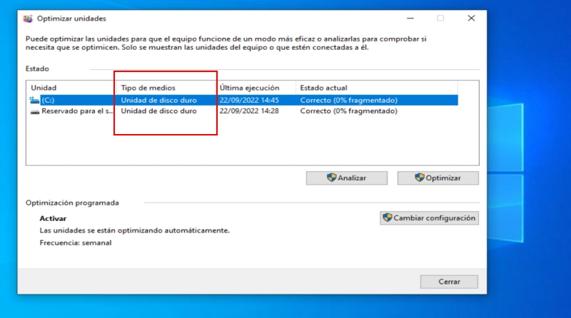 Ventana de Optimizar Unidades mostrando unidades HDD