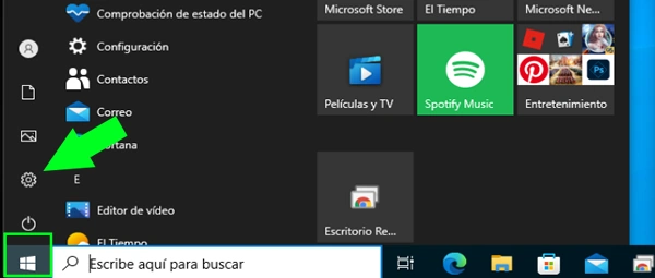 Configuración en Windows 10 mediante el menú Inicio